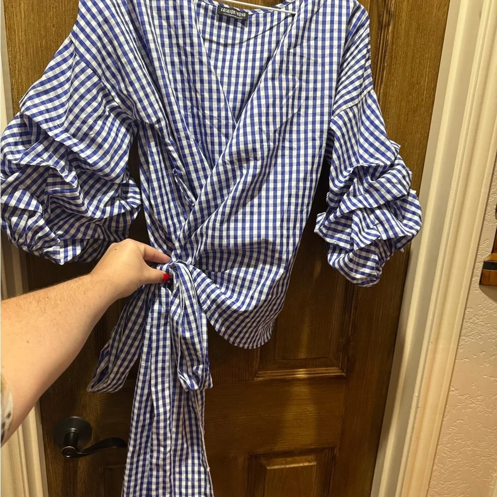 Fashion Nova Blue Checkered Wrap Blouse - Picture 2 of 7